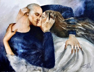 Painting titled "El beso" by Cesar Ayllón, Original Artwork, Watercolor