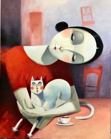 Malerei mit dem Titel "La mujer y su gato" von Cesar Ayllón, Original-Kunstwerk, Öl