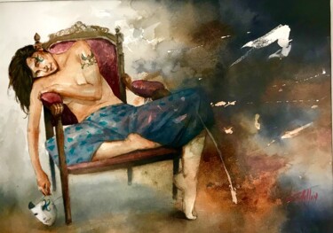 Pintura titulada "En el sofá" por Cesar Ayllón, Obra de arte original, Acuarela