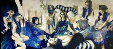 Peinture intitulée "Mujeres en Añil" par Cesar Ayllón, Œuvre d'art originale, Huile