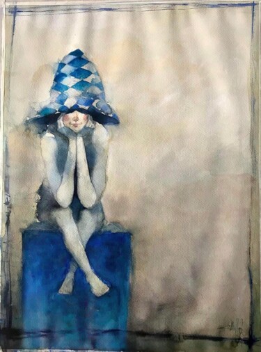 Pintura titulada "Arlequín en azul" por Cesar Ayllón, Obra de arte original, Acuarela