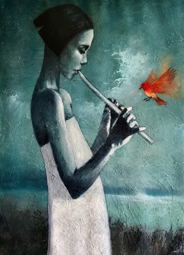 Pintura titulada "La flautista" por Cesar Ayllón, Obra de arte original, Oleo Montado en Bastidor de camilla de madera