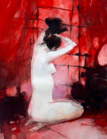 Pintura intitulada "Interior rojo" por Cesar Ayllón, Obras de arte originais, Aquarela