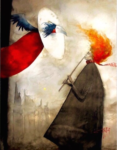 Malerei mit dem Titel "Flautista" von Cesar Ayllón, Original-Kunstwerk, Aquarell