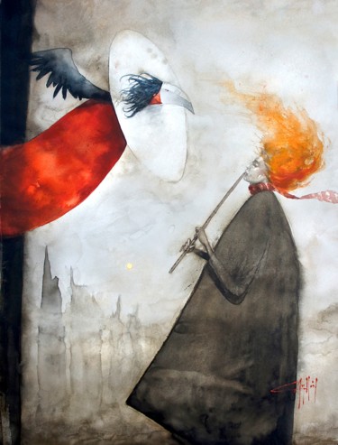 Pintura titulada "el flautista" por Cesar Ayllón, Obra de arte original, Acuarela