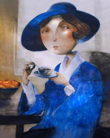 Schilderij getiteld "la mujer de azul" door Cesar Ayllón, Origineel Kunstwerk