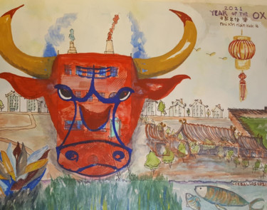 Painting titled "Ox Dream" by Cesar Ceballos, Original Artwork, Acrylic