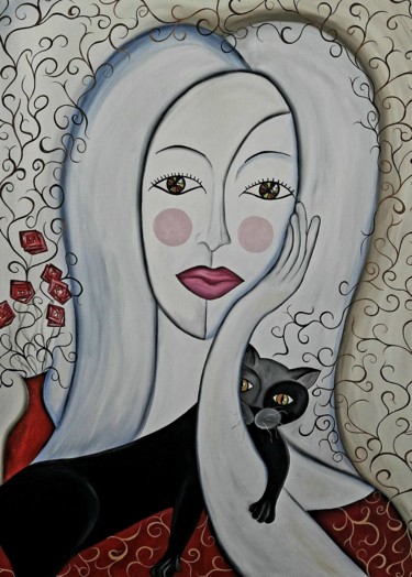 Painting titled "Rosa y el gato" by Céu Barros, Original Artwork