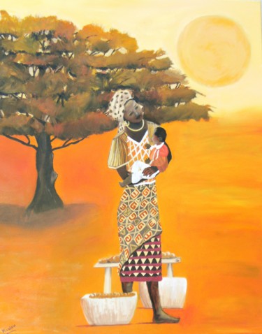 Painting titled "AFRICAINE ET SON BE…" by Kinou, Original Artwork, Oil