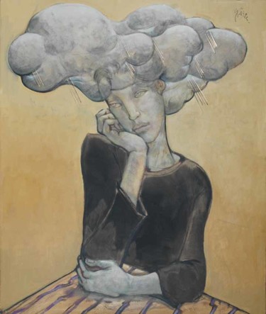 Peinture intitulée "tete-nuage-fond-jau…" par Jean-Pierre Ceytaire, Œuvre d'art originale, Huile