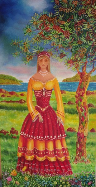 Peinture intitulée "robe rouge et jaune" par Place Aux Rêves, Œuvre d'art originale, Huile Monté sur Châssis en bois