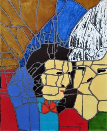 Painting titled "La vielle dame 2" by Claude Gascon, Original Artwork, Stained glass painting Mounted on Wood Stretcher frame