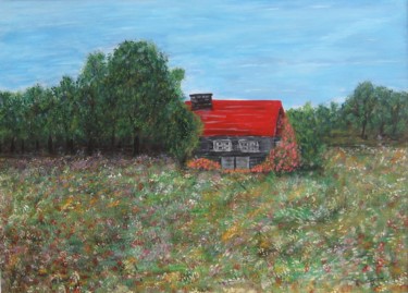 Painting titled "La grange au toit r…" by Claude Gascon, Original Artwork, Acrylic