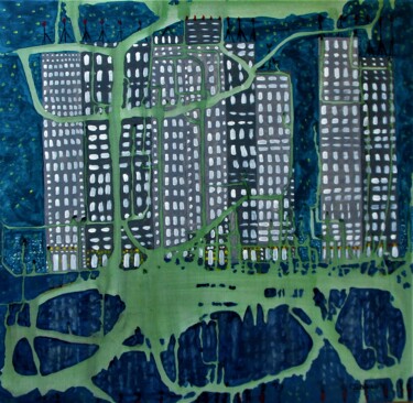 Malerei mit dem Titel "Une ville la nuit" von Claude Gascon, Original-Kunstwerk, Acryl