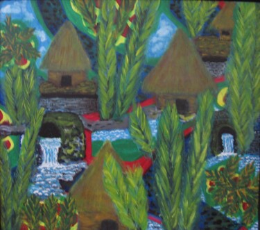Schilderij getiteld "Le village" door Claude Gascon, Origineel Kunstwerk, Acryl