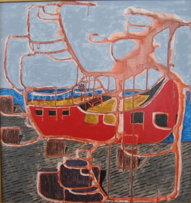 Schilderij getiteld "Bateau rouge" door Claude Gascon, Origineel Kunstwerk, Acryl