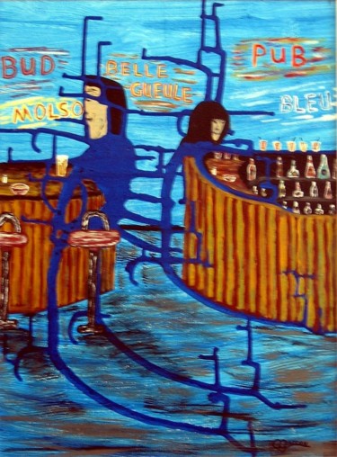 Malarstwo zatytułowany „Le Pub” autorstwa Claude Gascon, Oryginalna praca, Akryl