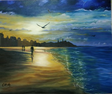 Painting titled "Playa de San Lorenz…" by María Rosario Aladro Loza, Original Artwork, Oil Mounted on Wood Panel