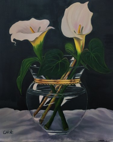 Painting titled "Bodegón floral" by María Rosario Aladro Loza, Original Artwork, Oil Mounted on Wood Panel