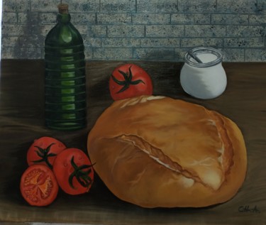 Painting titled "Pan con aceite y to…" by María Rosario Aladro Loza, Original Artwork, Oil Mounted on Wood Panel