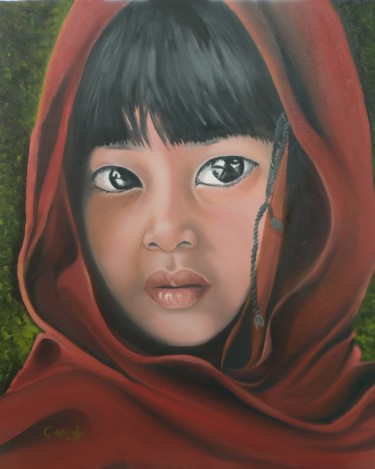 Painting titled "China. Serie RAZAS" by María Rosario Aladro Loza, Original Artwork, Oil Mounted on Wood Panel