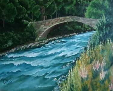 Malerei mit dem Titel "Puente de Andorra" von María Rosario Aladro Loza, Original-Kunstwerk, Öl Auf Holzplatte montiert