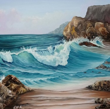 Painting titled "Entre rocas" by María Rosario Aladro Loza, Original Artwork, Oil Mounted on Wood Panel