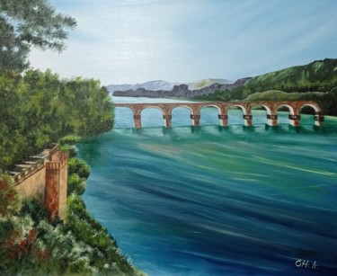 Pintura titulada "Puente sobre el río…" por María Rosario Aladro Loza, Obra de arte original, Oleo Montado en Panel de madera