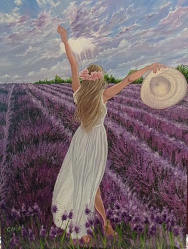 Pintura titulada "Campo de lavanda en…" por María Rosario Aladro Loza, Obra de arte original, Oleo Montado en Panel de madera