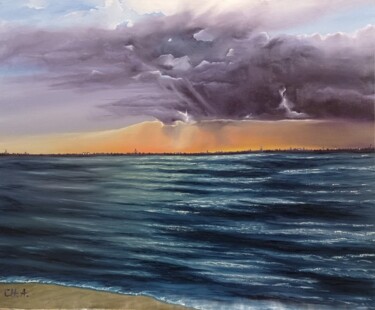 Painting titled "ATARDECER EN LA COS…" by María Rosario Aladro Loza, Original Artwork, Oil Mounted on Wood Panel