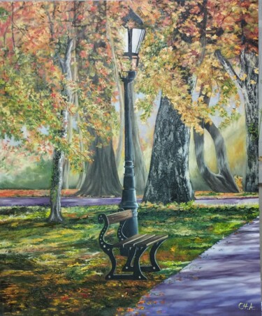 Painting titled "Otoño en Madrid" by María Rosario Aladro Loza, Original Artwork, Oil Mounted on Wood Panel