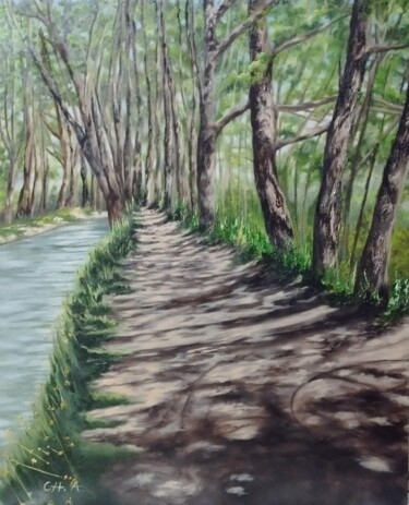 Painting titled "RIO CIDACOS. OLITE" by María Rosario Aladro Loza, Original Artwork, Oil Mounted on Wood Panel