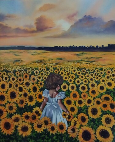 Painting titled "Entre girasoles" by María Rosario Aladro Loza, Original Artwork, Oil Mounted on Wood Panel