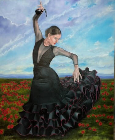 Painting titled "MACARENA" by María Rosario Aladro Loza, Original Artwork, Oil Mounted on Wood Panel