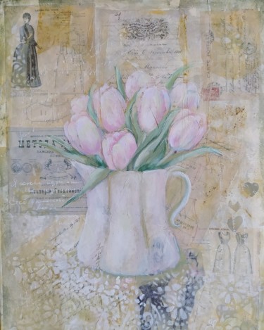 Коллажи под названием "Первые тюльпаны" - Zhenya Chetverugina (Zhenya Che), Подлинное произведение искусства, Коллажи