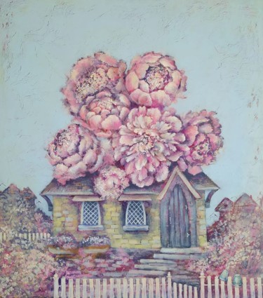 Painting titled "House in the garden" by Zhenya Chetverugina (Zhenya Che), Original Artwork, Acrylic Mounted on Wood Stretch…