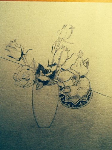 Drawing titled "Roses et théière" by Chadia Labidi, Original Artwork