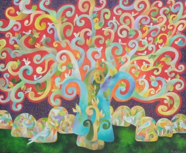 Peinture intitulée "The wishing tree" par Chaitali Chatterjee, Œuvre d'art originale, Huile