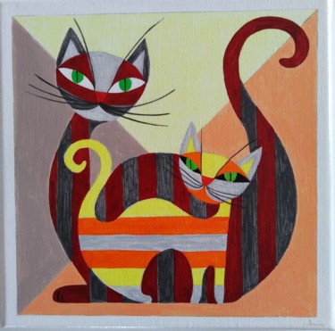 Peinture intitulée "Duo de chats à rayu…" par Chajoli Créations, Œuvre d'art originale, Gouache