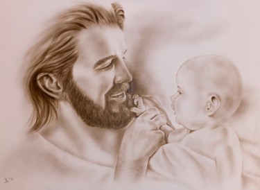 Painting titled "Jesus with baby" by Johan De Champs, Original Artwork, Airbrush