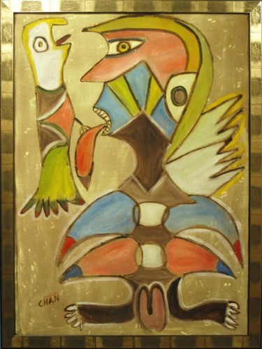 Pintura titulada "L'Homme au Perroquet" por Chan Mengal, Obra de arte original, Oleo Montado en artwork_cat.