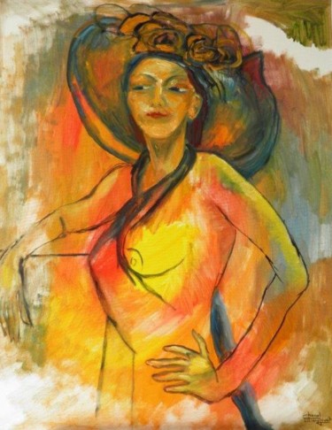 Peinture intitulée "Femme au Chapeau" par Liliane Chanal-Jouet, Œuvre d'art originale