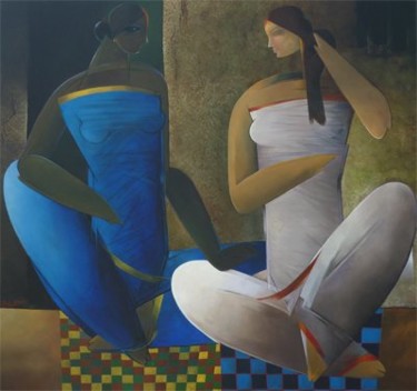Painting titled "An Evening Gossip" by Chanchal Mukherjee, Original Artwork