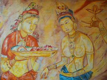 Schilderij getiteld "Sigiriya Frescoes" door Chandana Hewapathirana, Origineel Kunstwerk, Acryl