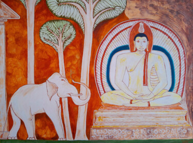 Malerei mit dem Titel "Traditional Temple…" von Chandana Hewapathirana, Original-Kunstwerk, Acryl