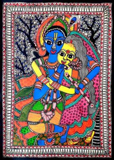 Madhubani Painting (Radha Krishan) Malerei mit dem Titel "Madhubani Painting…" von Chandrakala Devi Deve, Original-Kunstwerk, Acryl