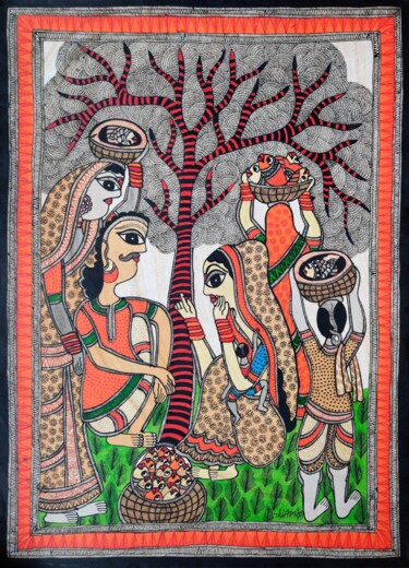 Madhubani Painting ( Village ) Peinture intitulée "Madhubani Painting…" par Chandrakala Devi Deve, Œuvre d'art originale, Acrylique