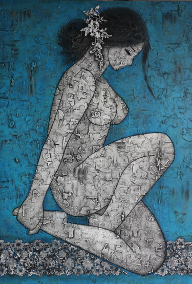 Painting titled "Fille poétique au f…" by Changzheng Zhu, Original Artwork, Acrylic Mounted on Wood Stretcher frame