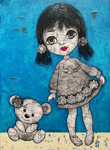 Ζωγραφική με τίτλο "Petite fille 03" από Changzheng Zhu, Αυθεντικά έργα τέχνης, Ακρυλικό Τοποθετήθηκε στο Ξύλινο φορείο σκελ…