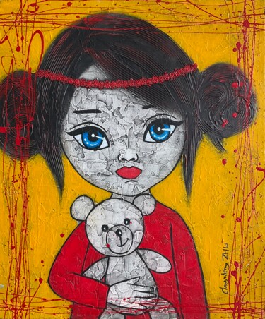 Painting titled "Little girl and bab…" by Changzheng Zhu, Original Artwork, Acrylic Mounted on Wood Stretcher frame